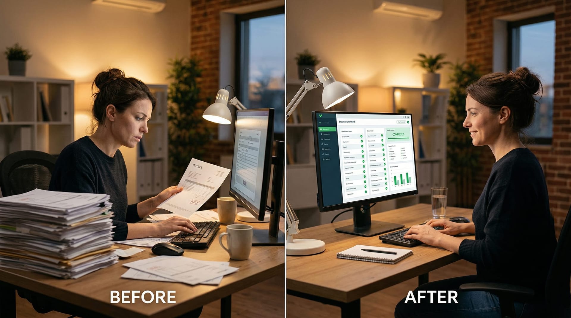 Split comparison showing manual paper document data entry on the left and automated AI vision extraction completing the same task in seconds on the right