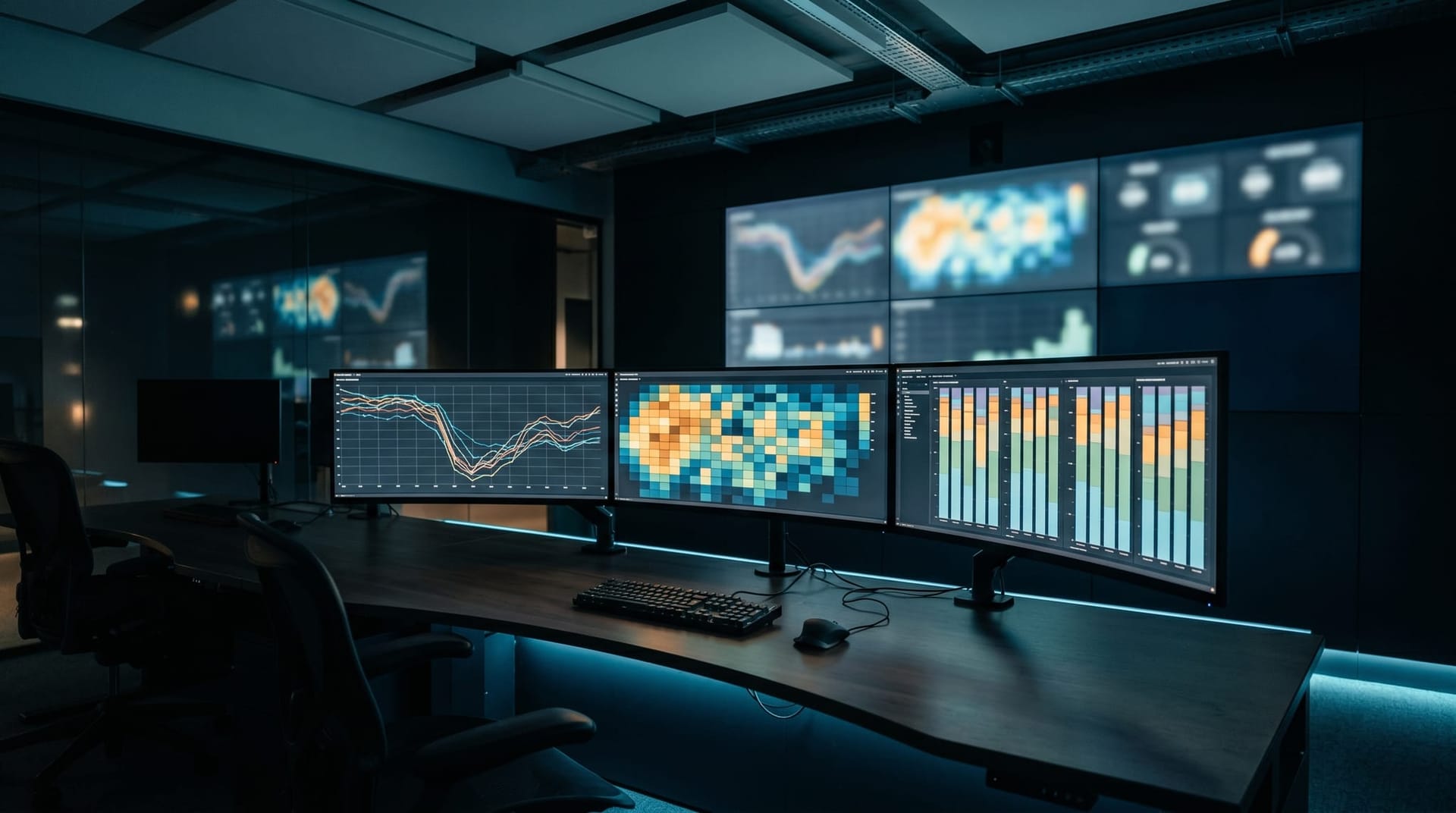 Dark operations center with multiple monitors displaying agent telemetry, production dashboards, and failure heatmaps, illustrating the frontier AI reliability and audit gap in 2026.