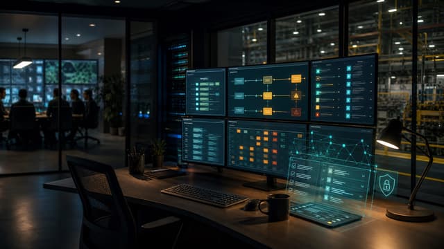 Dark operations center with multiple monitors displaying agent telemetry, production dashboards, and failure heatmaps, illustrating the frontier AI reliability and audit gap in 2026.