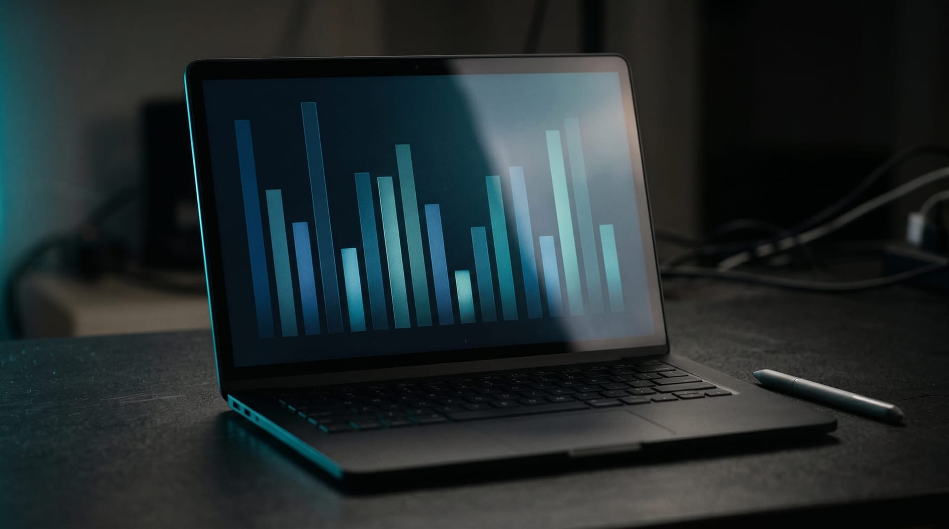 Close-up of a benchmark leaderboard visualization on a laptop screen showing uneven bars with strong peaks and surprising low valleys, representing the jagged frontier of AI capability.