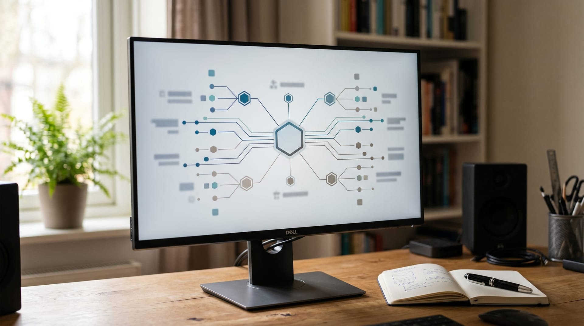 Abstract multi-agent orchestration diagram on a large monitor showing a central coordinator node connecting parallel SQL search and vector search branches with a verification step.