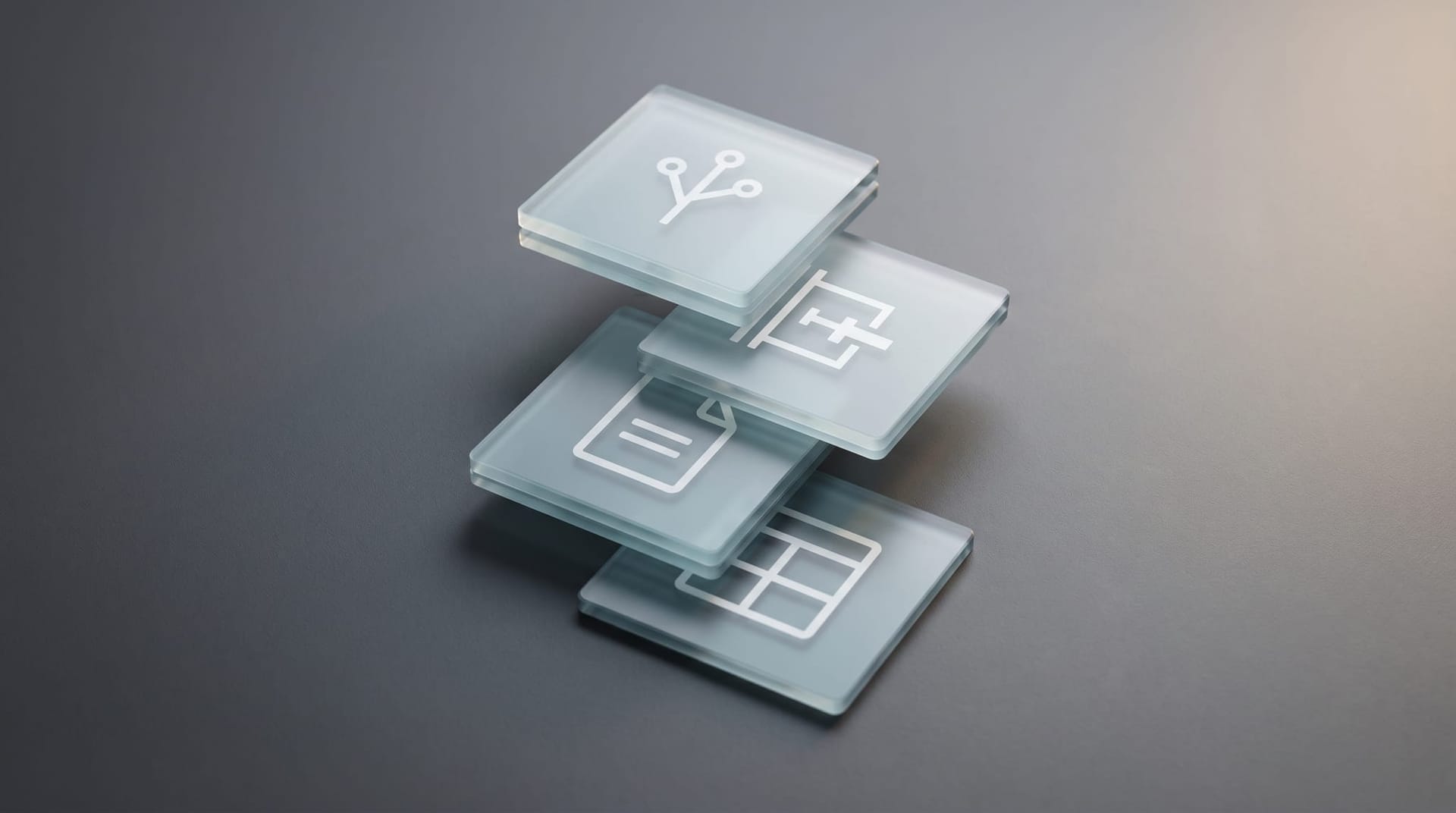 Four stacked glass panels on a minimalist desk visualizing layered AI architecture moves including decomposition, approval gates, specs, and an audit trail for reliable production AI.