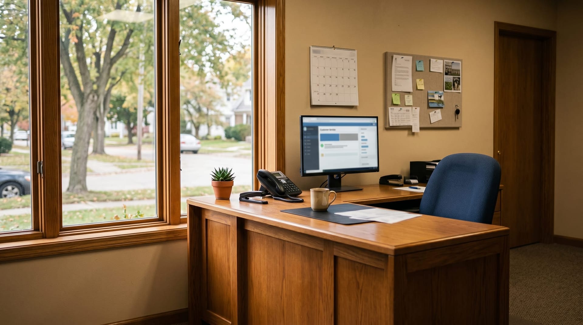 Fort Wayne small business front office with a modest desk, computer showing a customer quote interface, and a wall calendar visible, grounding the AI reliability discussion in local workplaces.