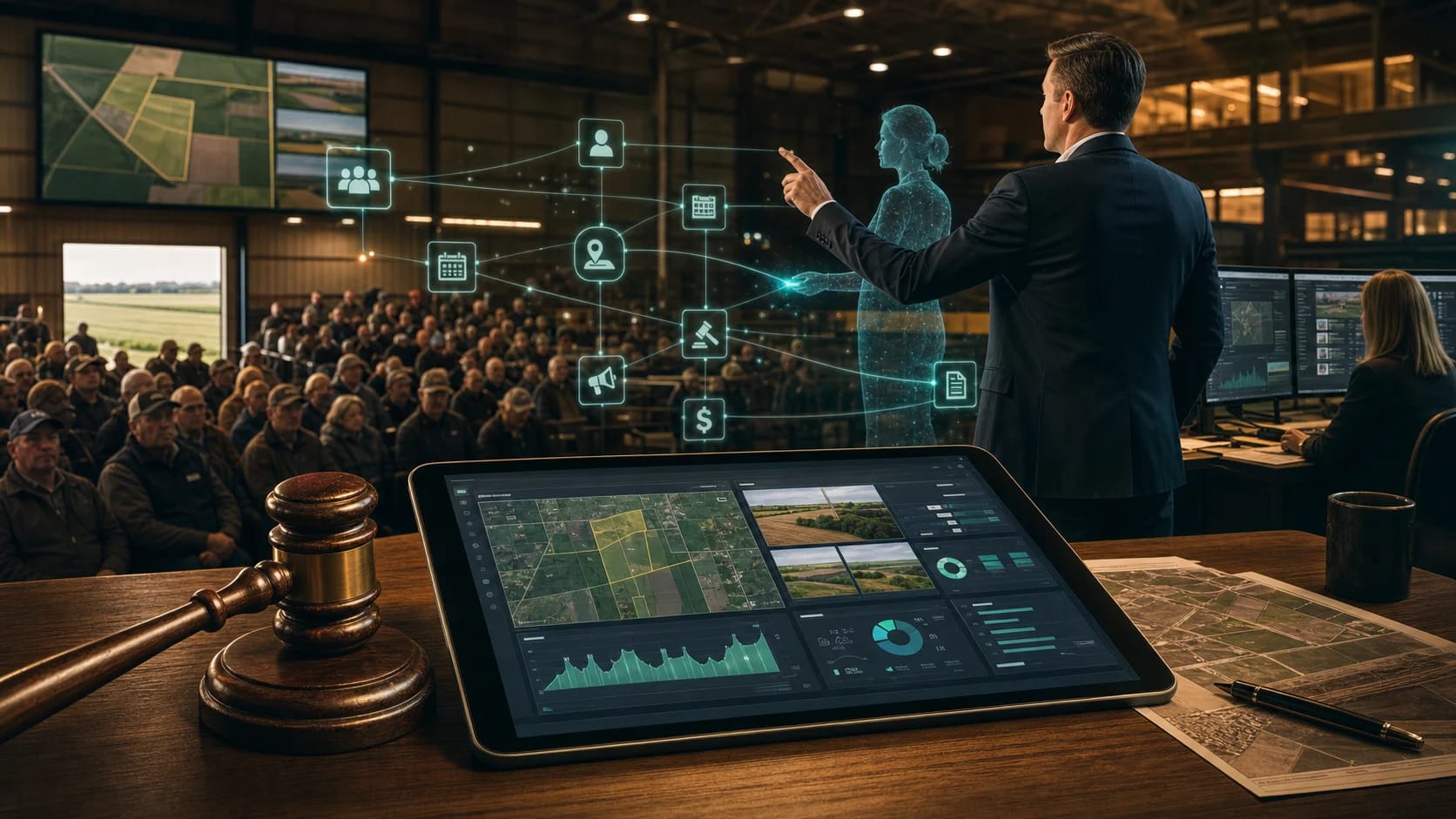 Auctioneer running a connected auction operating system with a public audience, digital bidding platform, and embedded AI Employee