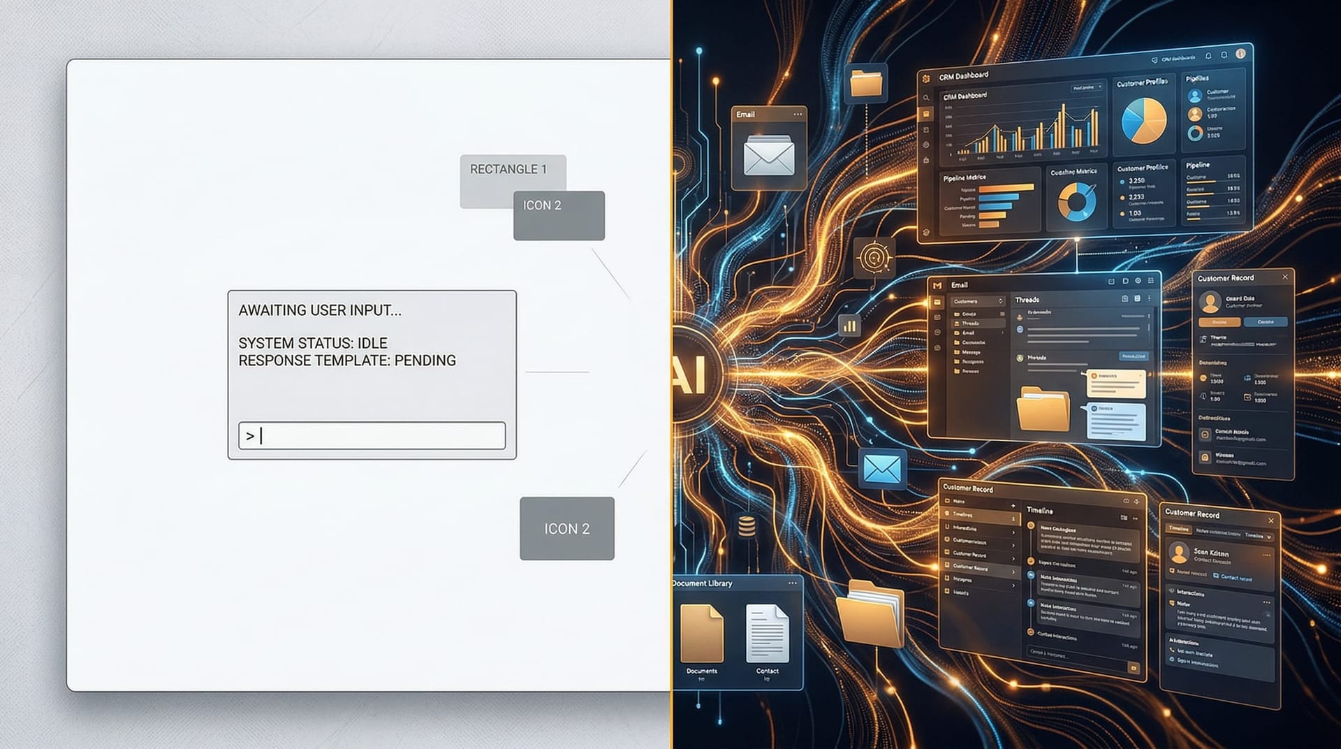 Split comparison showing a generic one-size-fits-all AI interface on one side and a deeply integrated custom AI system on the other