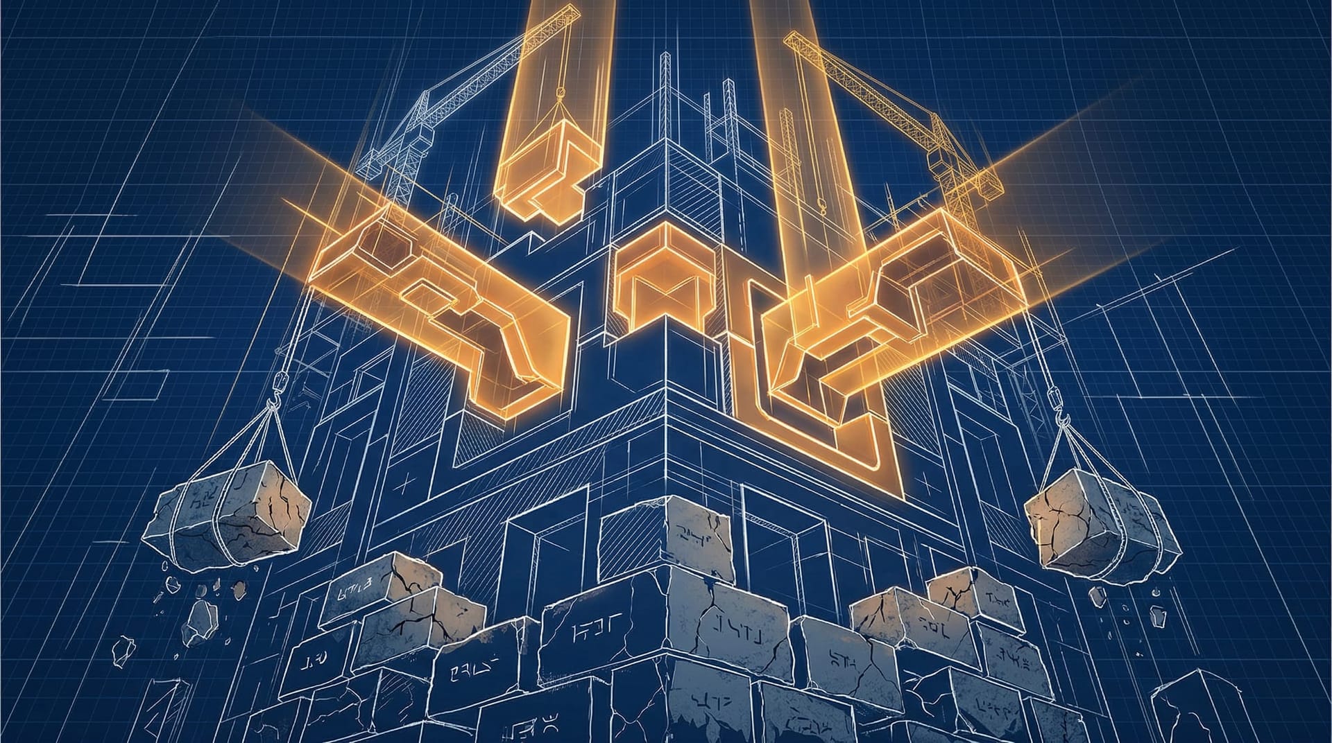 Architectural blueprint showing crumbling generic AI building blocks being replaced with custom-fitted glowing components — visualizing MIT Tech Review's argument that AI customization is now a structural requirement