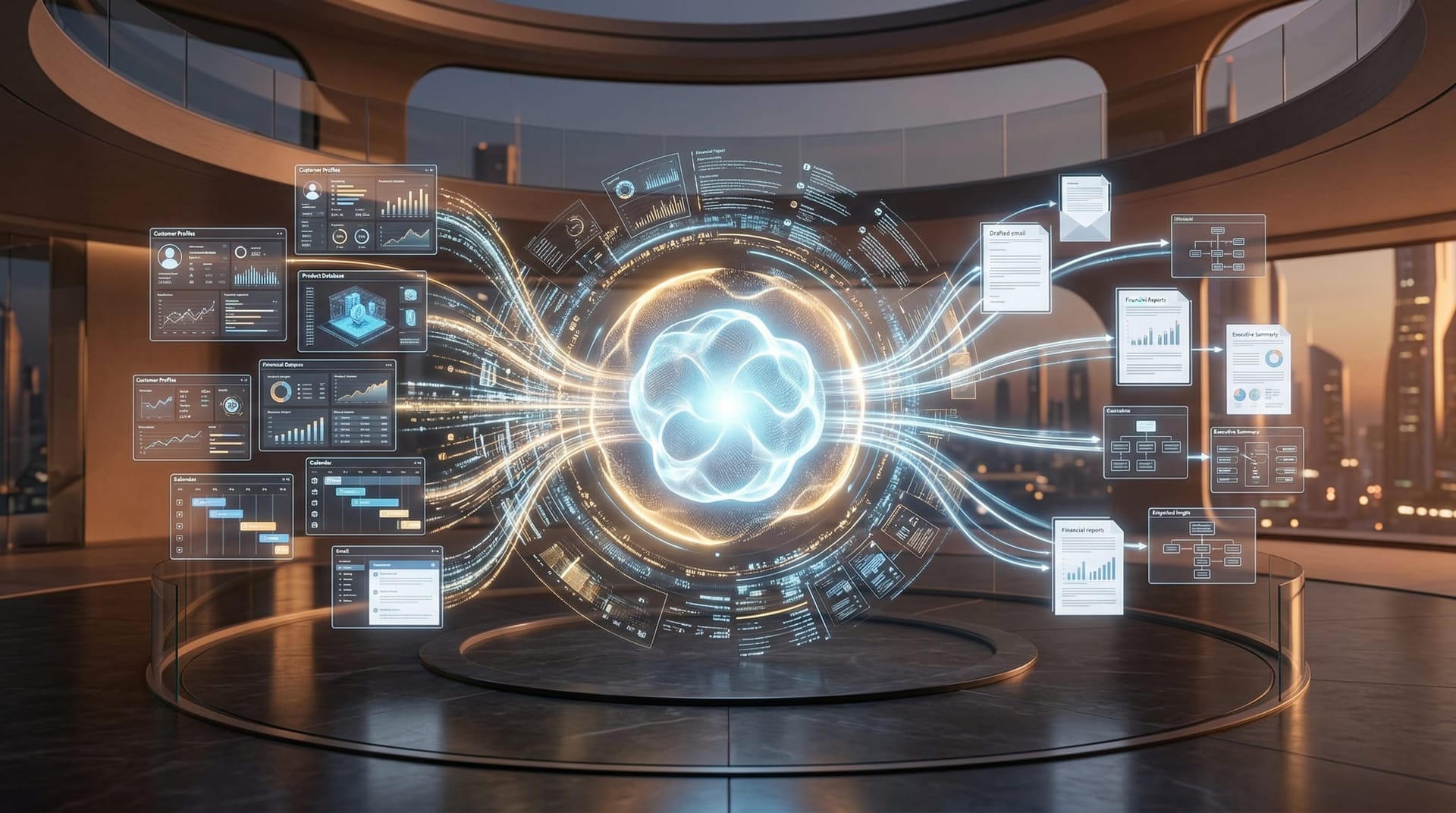 Glowing AI assistant entity at the center of a circular arrangement of holographic business data — customer profiles, email threads, calendar, financial reports — with polished outputs flowing outward