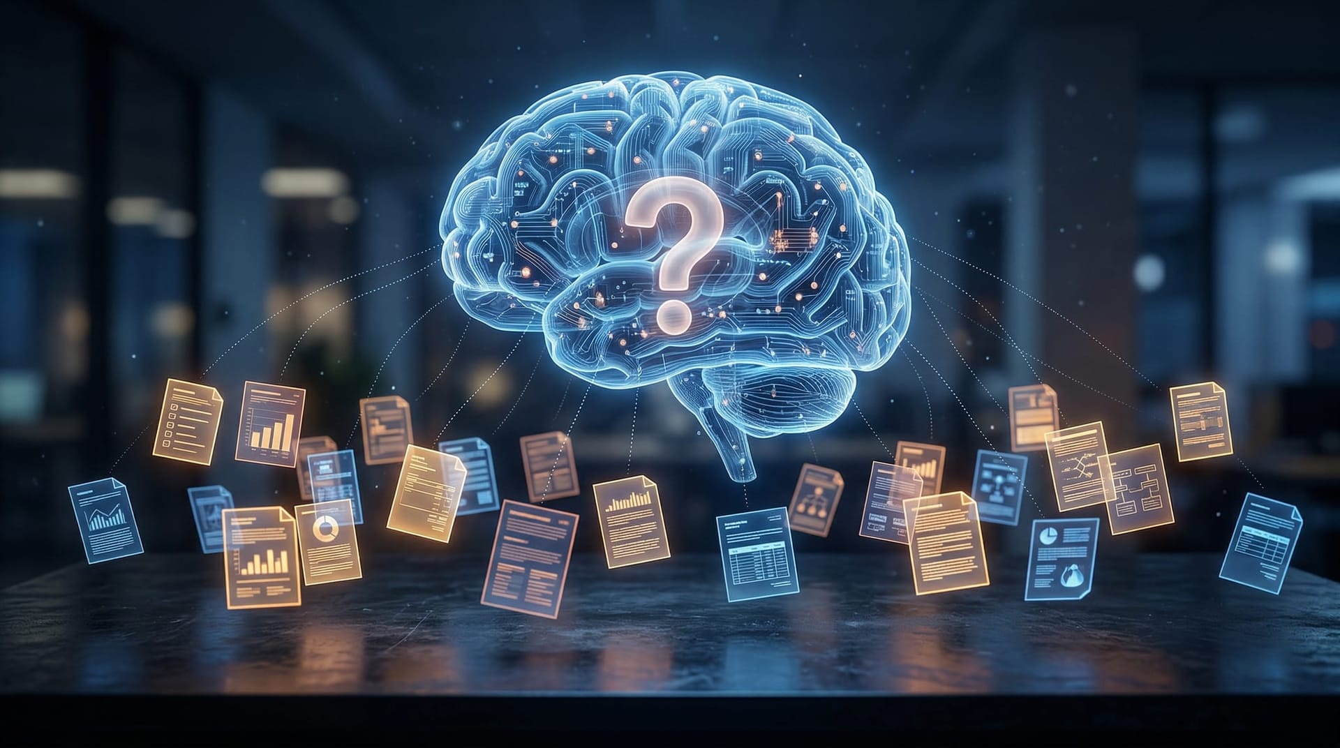 Translucent AI brain hovering over scattered disconnected business documents with dotted lines that fail to connect — illustrating the gap between generic AI and business-specific knowledge