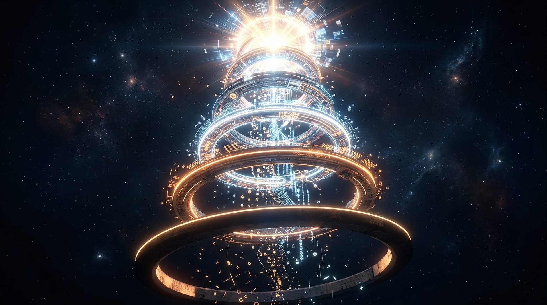 Luminous ascending spiral viewed from below — each loop brighter and more refined than the last — representing how self-optimizing AI systems compound improvements through iterative learning cycles
