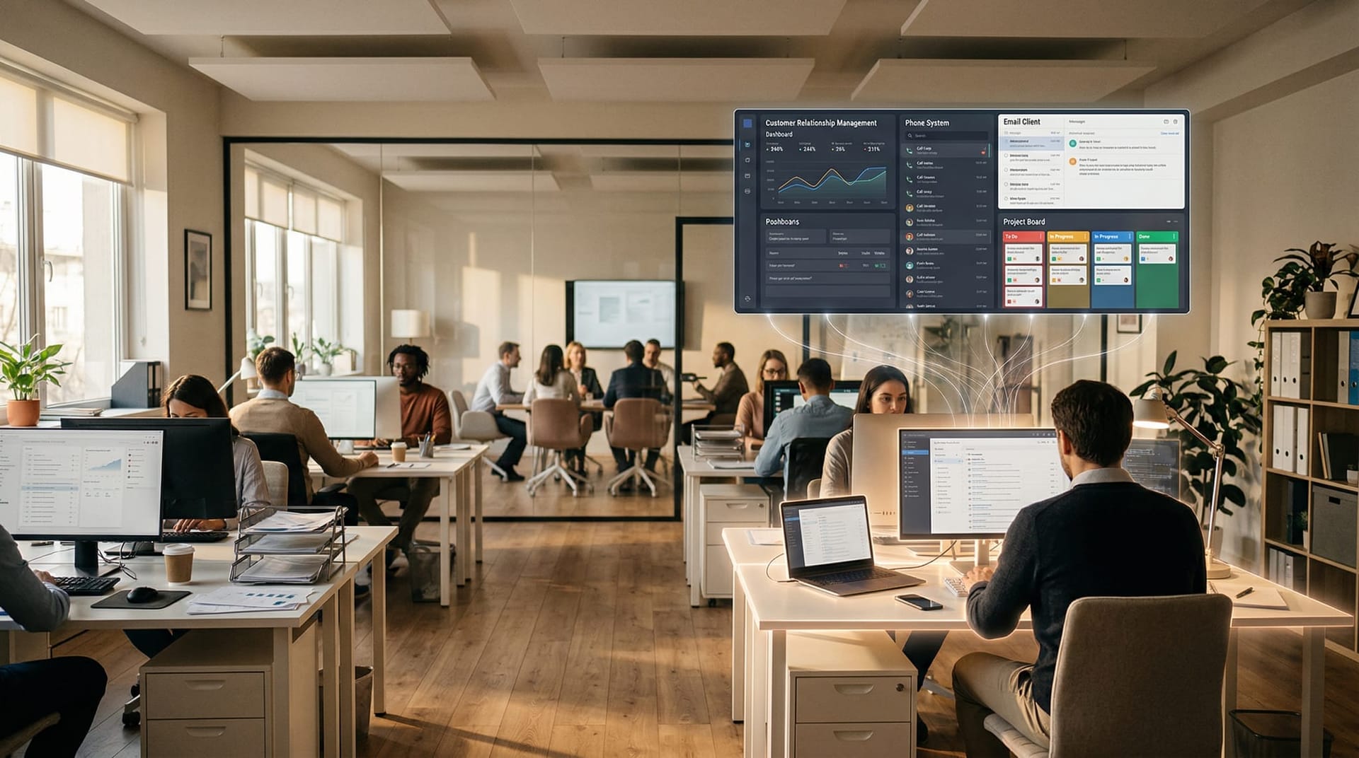 Warm photorealistic small professional office with one workstation glowing subtly brighter, holographic connections extending to a wall-mounted screen showing CRM, phone system, email, and project board — AI integrated but not dominating the space