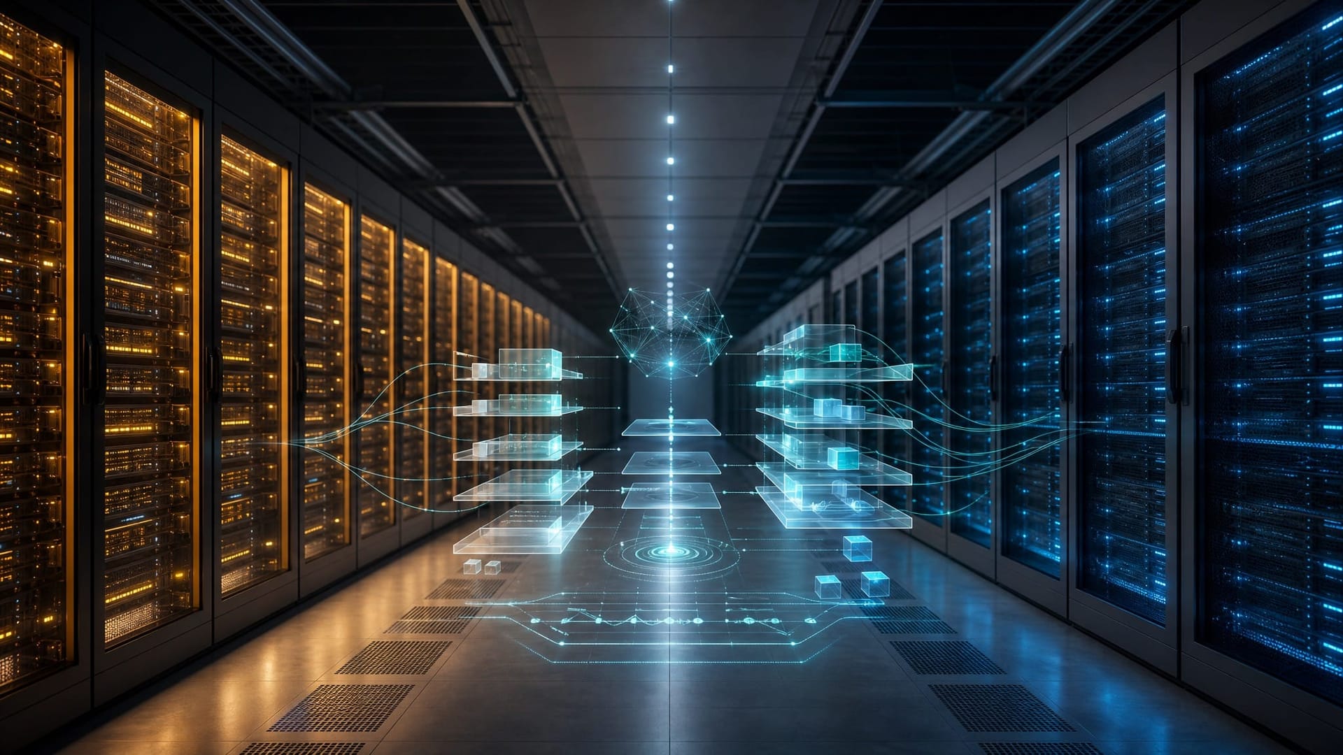 An empty enterprise data-center hallway with two server rows labeled by warm amber and cool blue cabinet lighting, representing the new control-plane vs execution-plane split in the AI agent stack.