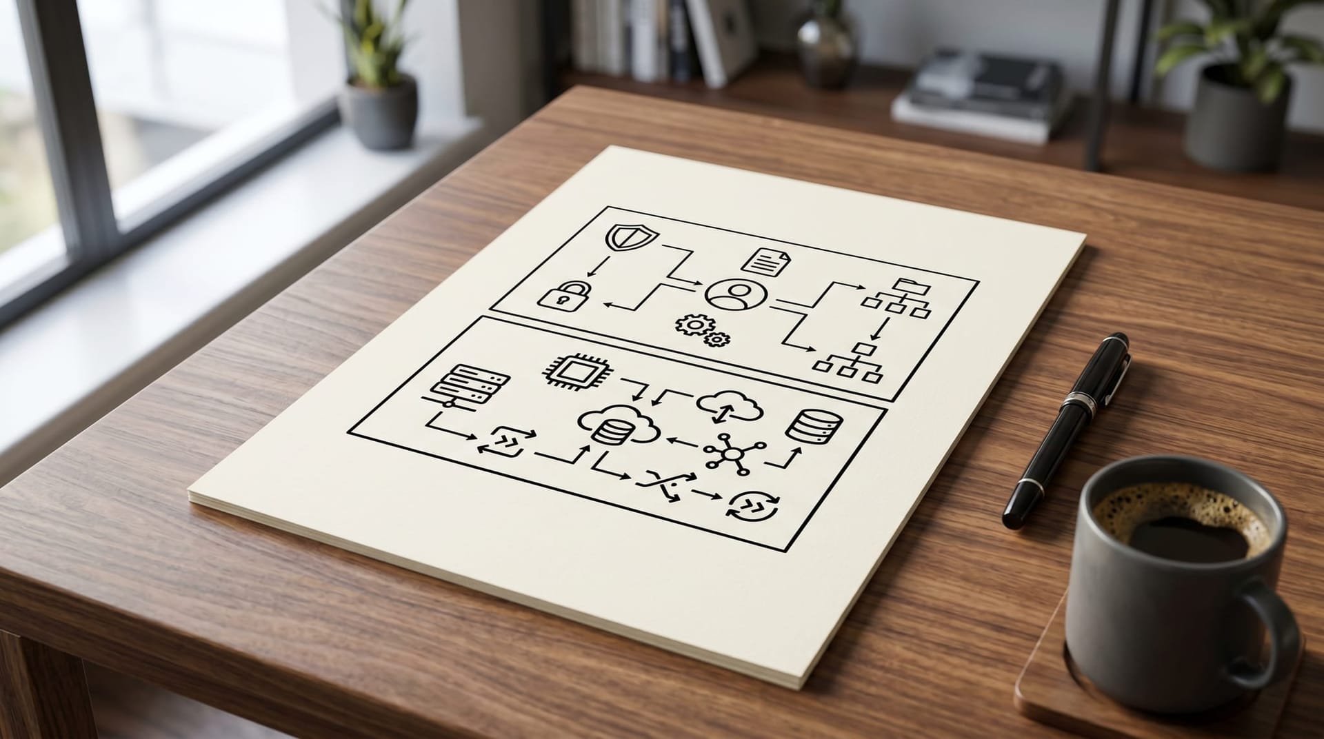 A clean architectural diagram printed on a desk showing two horizontal layers — one labeled with abstract policy icons and one labeled with abstract runtime icons — separated by a clear horizontal line.