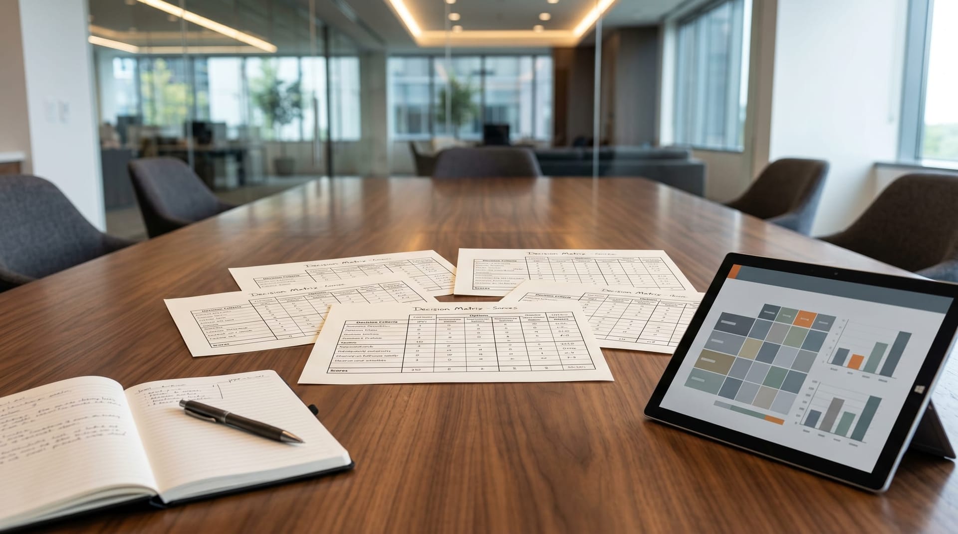Four printed decision matrix sheets fanned out on a conference table beside a tablet, representing the four sequential AI agent vendor decisions a business owner must run.