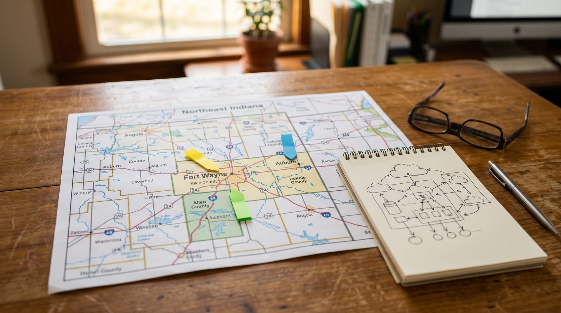 A printed Northeast Indiana regional map with three colored sticky markers placed over Fort Wayne, Auburn, and the Allen County area, beside a small cloud-architecture sketch.