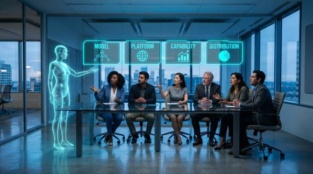 A diverse mid-market leadership team in a glass-walled conference room reviewing four floating cyan holographic panels labeled model, platform, capability, and distribution as a translucent blue AI humanoid avatar gestures.