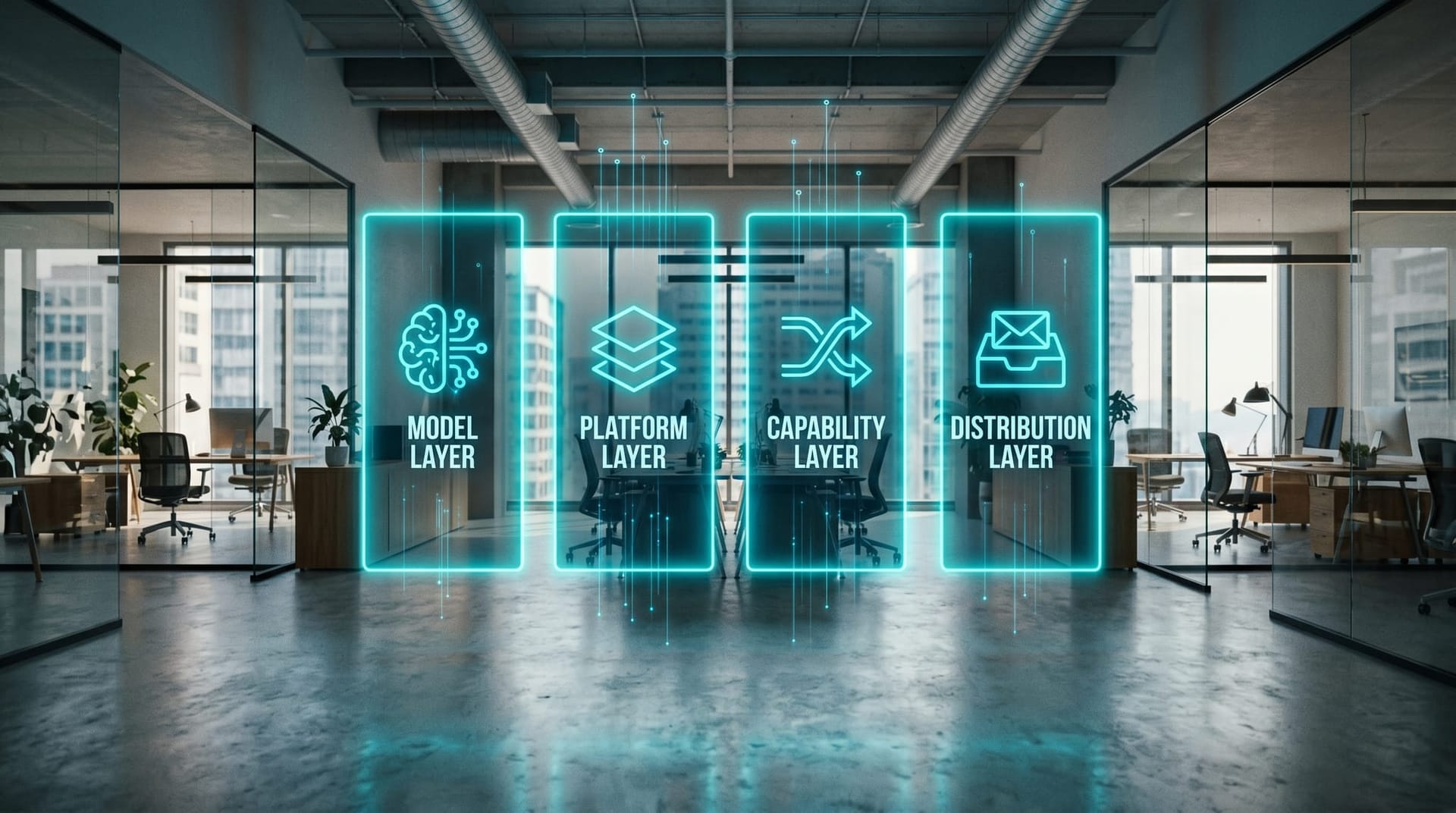 Four vertical floating cyan holographic stack panels in a modern open office labeled model platform capability and distribution representing the four-layer AI Employee stack.
