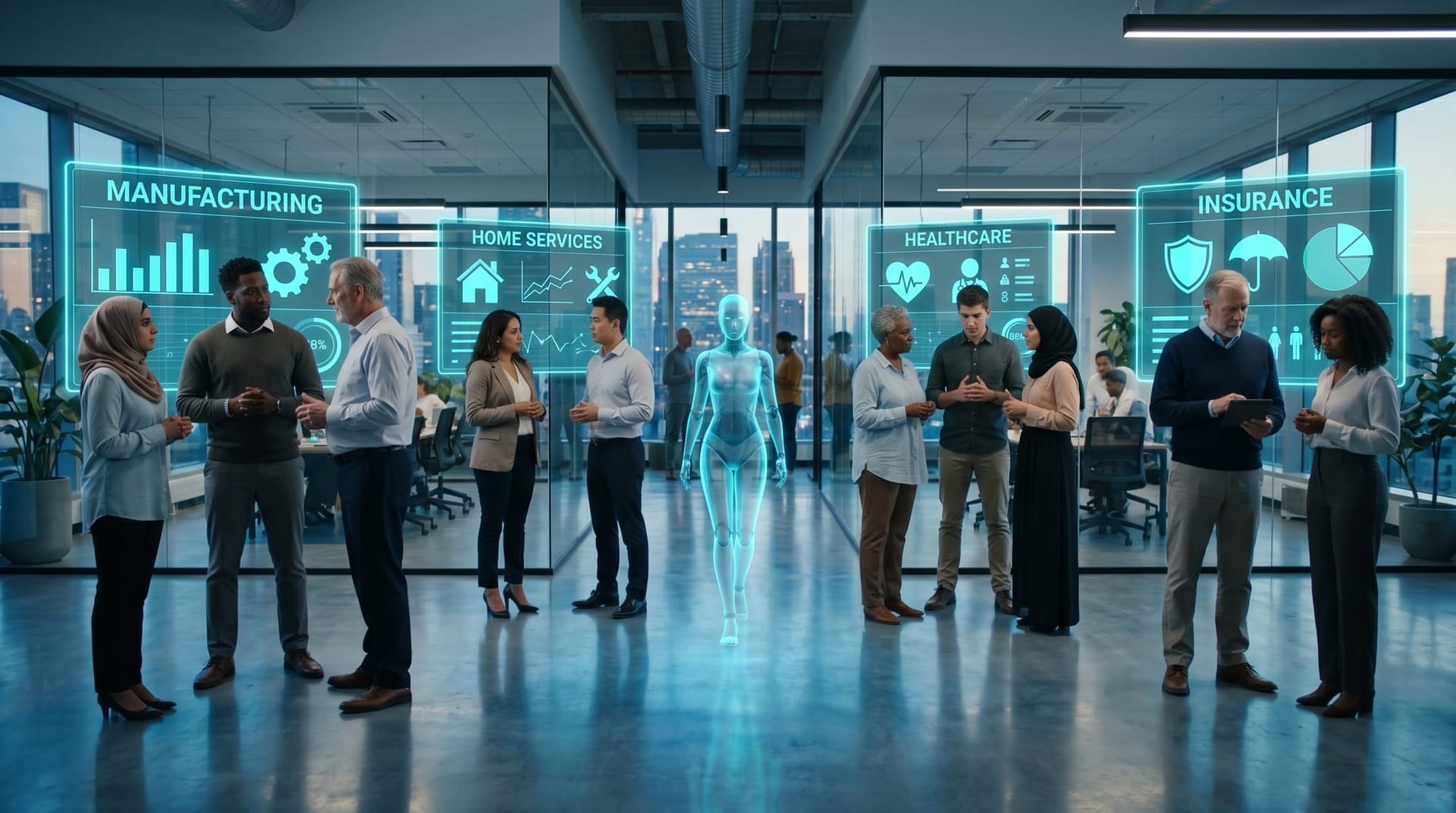 Four diverse small-team scenarios in a shared open office — manufacturing, home services, healthcare, and insurance — each beside a floating cyan holographic panel with a translucent AI humanoid moving between them.