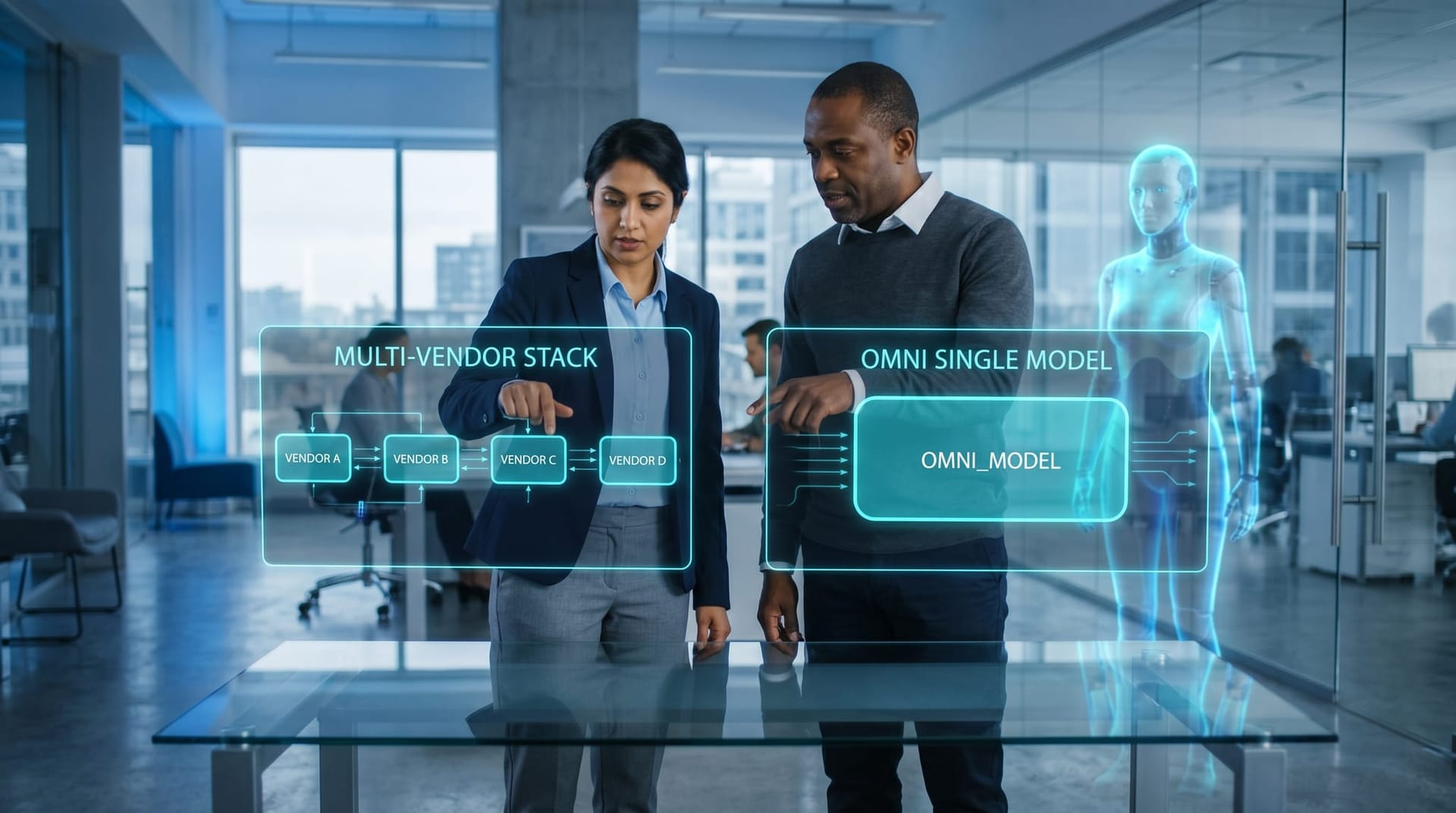 Two diverse engineers compare two side-by-side floating cyan holographic pipeline diagrams labeled multi-vendor stack and single-model omni stack with a translucent AI humanoid observing.