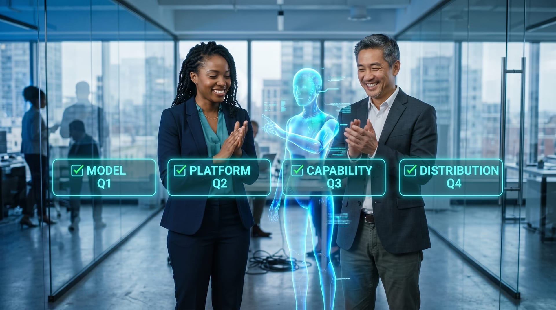 Mid-market operations director and IT lead applaud as four floating cyan holographic checklist panels labeled model platform capability and distribution complete a re-evaluation cycle.