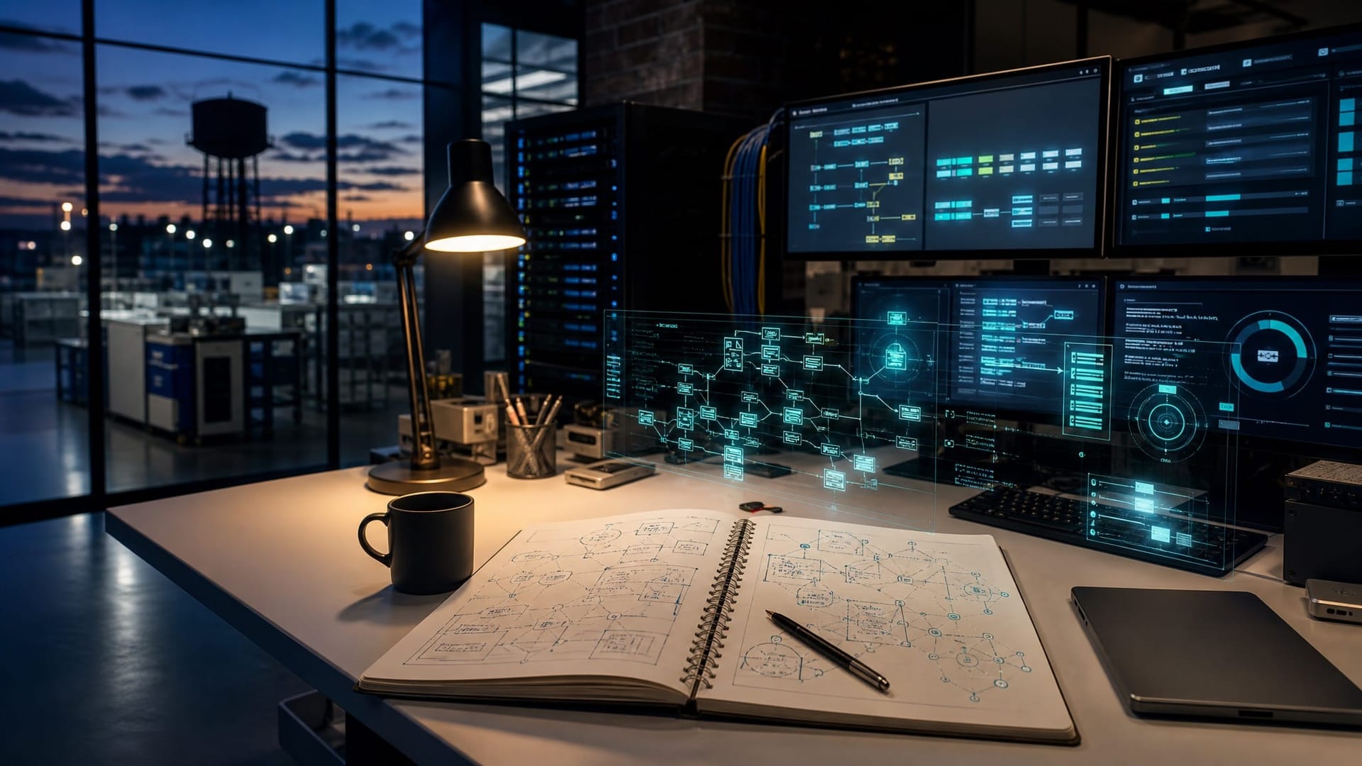 Tidy research lab workbench at twilight with a lit workstation and an open ring-bound notebook of diagrams, representing the reasoning-strategy memory architecture behind Google ReasoningBank for AI agents.