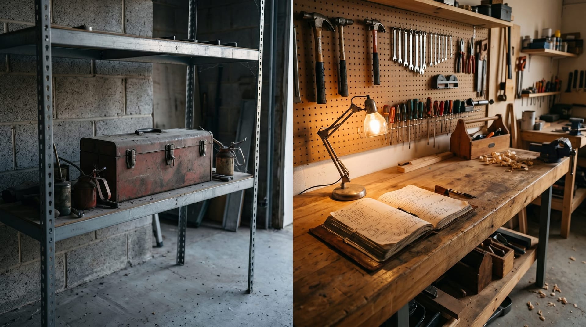 Side-by-side workshop shot of one dusty unused toolbox and one well-organized active workbench, visualizing the divergence between static and compounding AI Employee architectures.