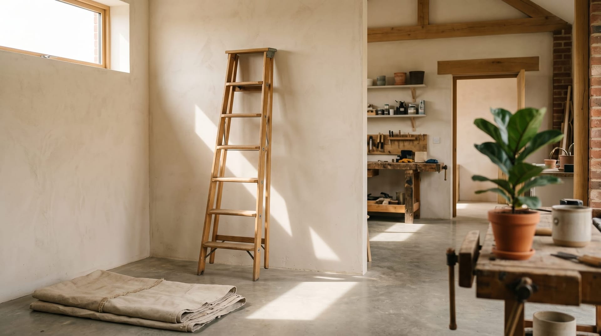 Photograph of a clean wood-handled stepladder leaning against a neutral plaster wall in a bright workshop, symbolizing the six-tier agent memory maturity ladder for AI Employees.