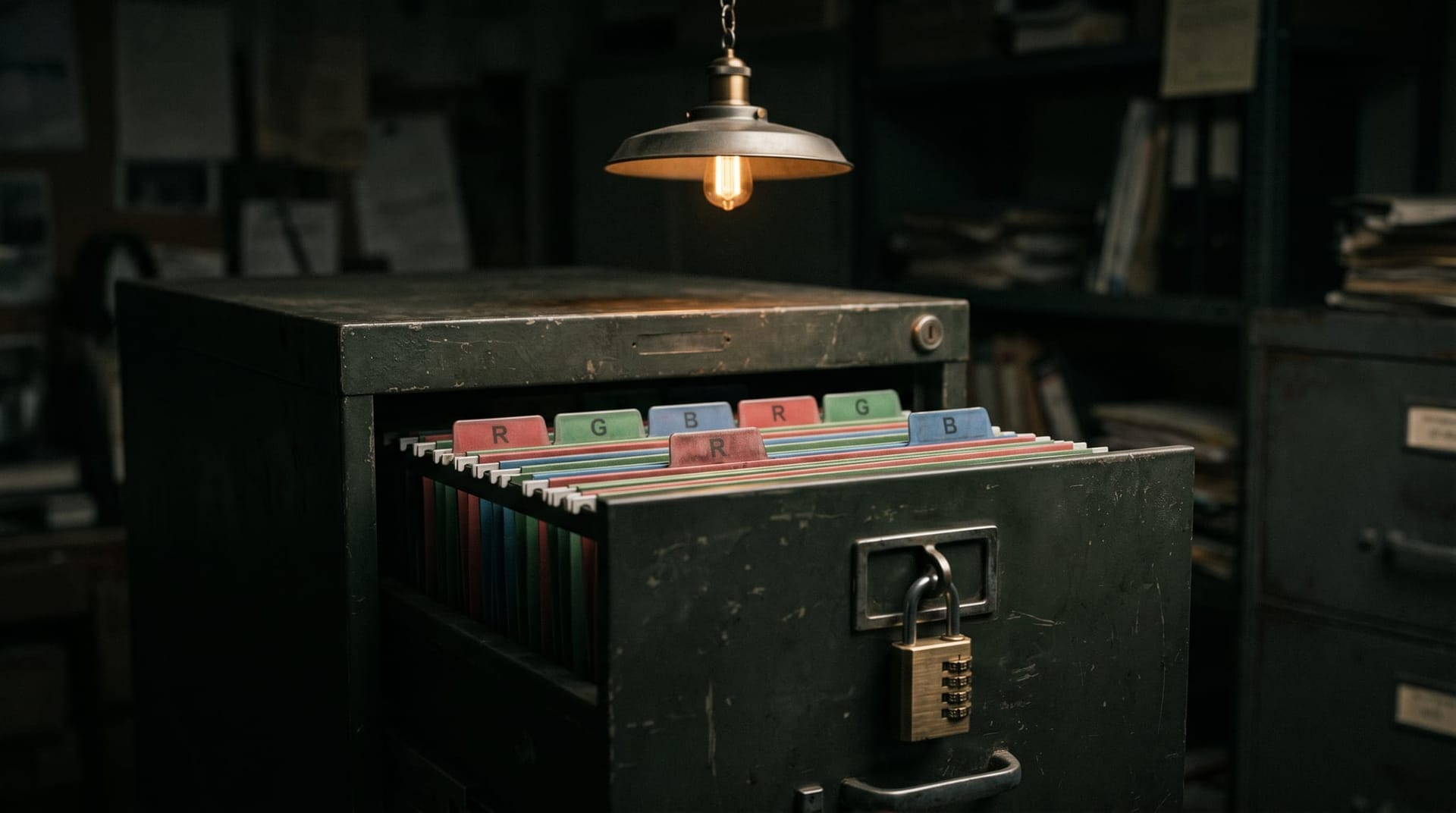 Close-up of a locked filing cabinet drawer half open under a single overhead lamp with color-coded folder tabs, symbolizing governed provenance and rollback for AI agent memory.