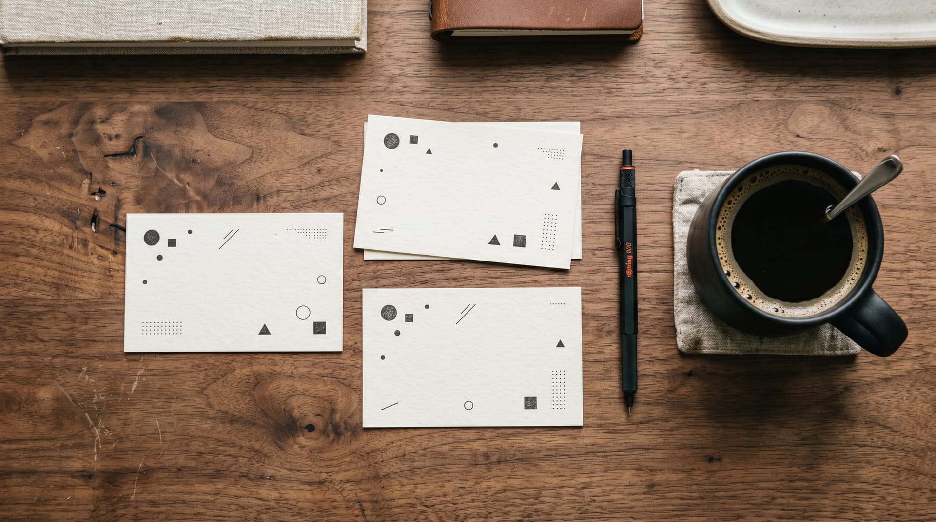 Overhead shot of three stacked paper cards with abstract diagrams on a wood desk, representing retrieval, extraction, and consolidation stages of the ReasoningBank agent memory loop.