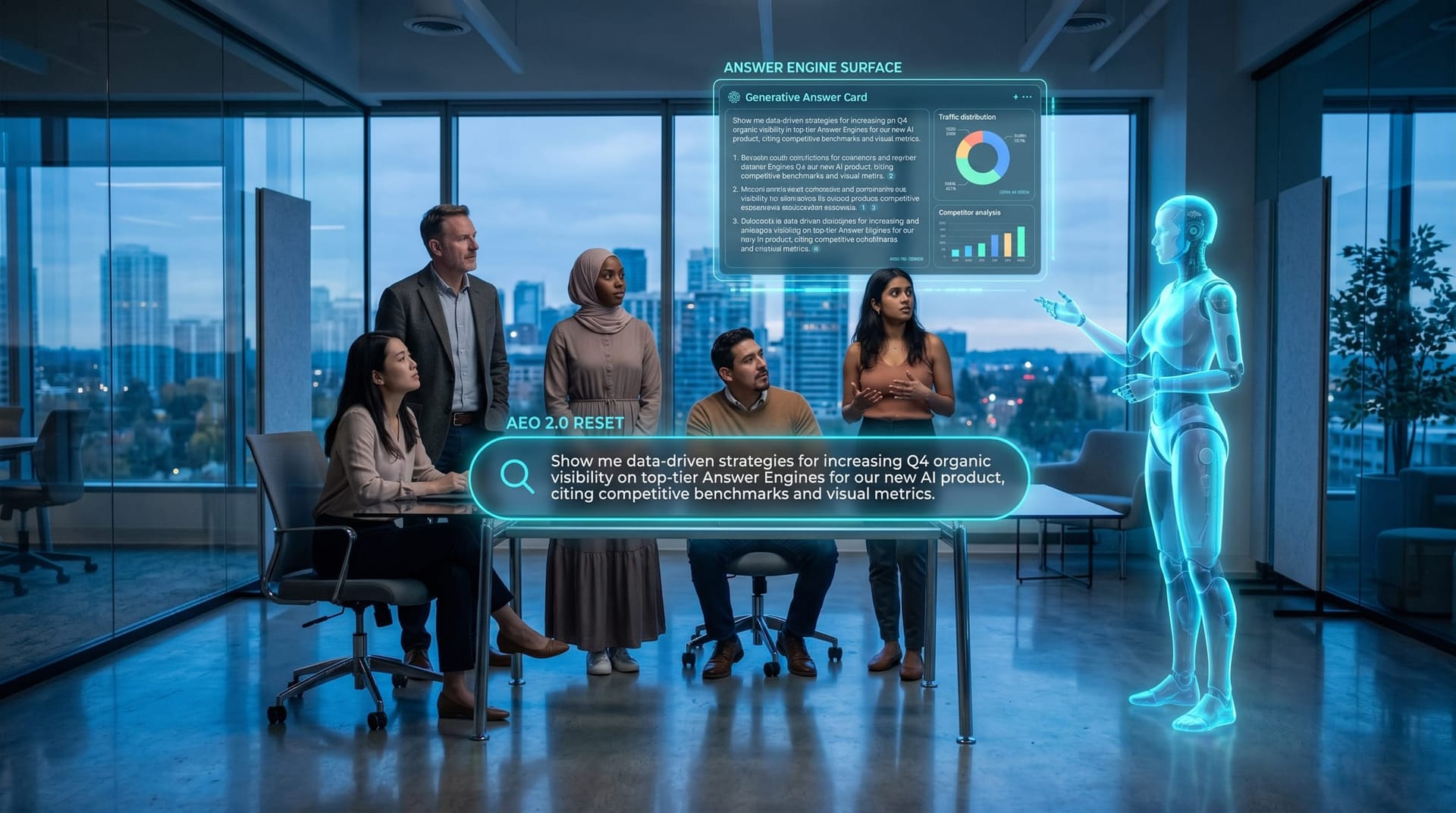 Diverse mid-market team studies a floating cyan holographic search-box surface as a translucent AI humanoid reshapes the query into a conversational AI Overviews answer card.