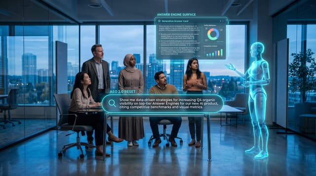 Diverse mid-market team studies a floating cyan holographic search-box surface as a translucent AI humanoid reshapes the query into a conversational AI Overviews answer card.