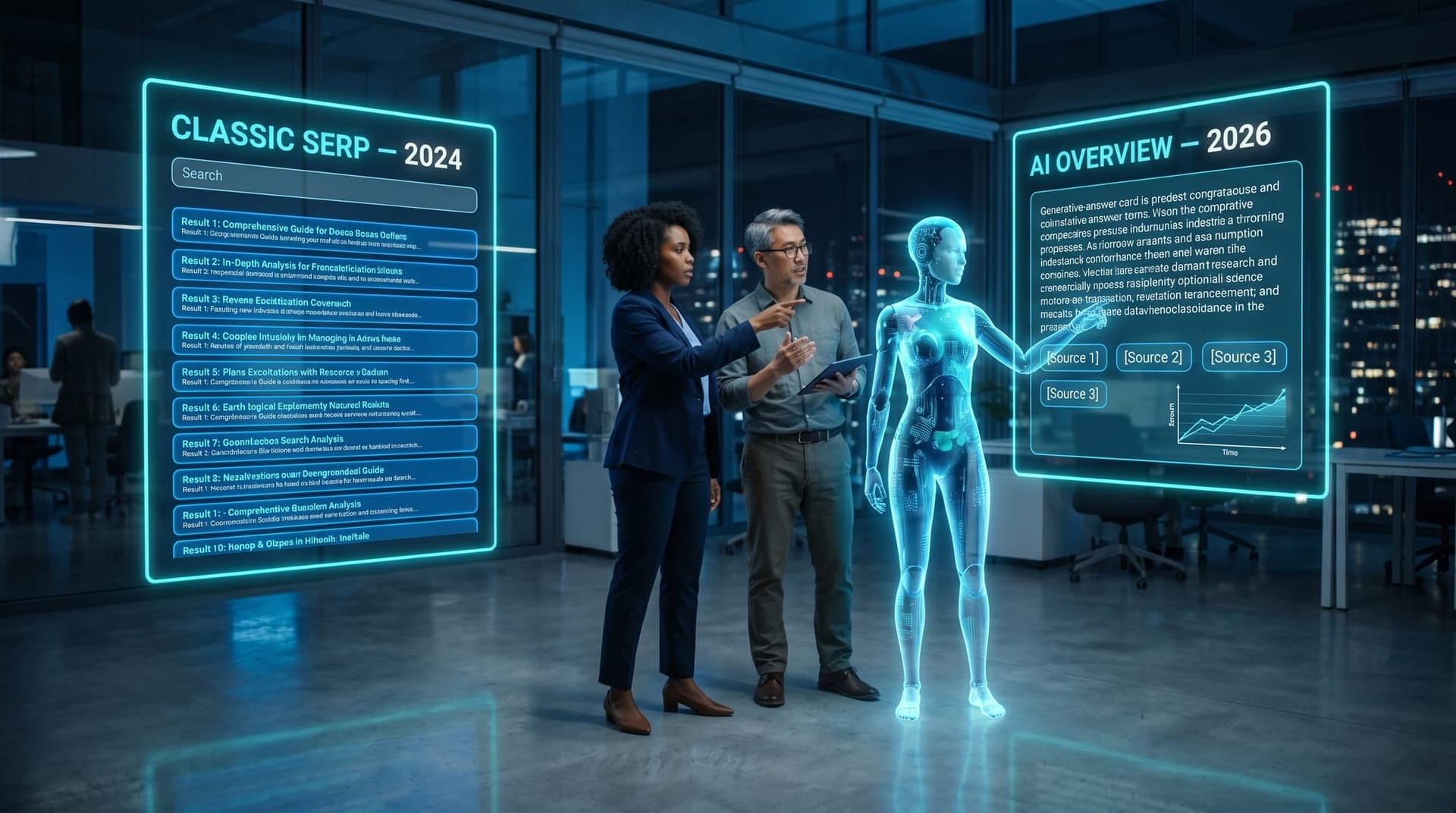 Diverse mid-market team studies a floating cyan holographic search-box surface as a translucent AI humanoid reshapes the query into a conversational AI Overviews answer card.