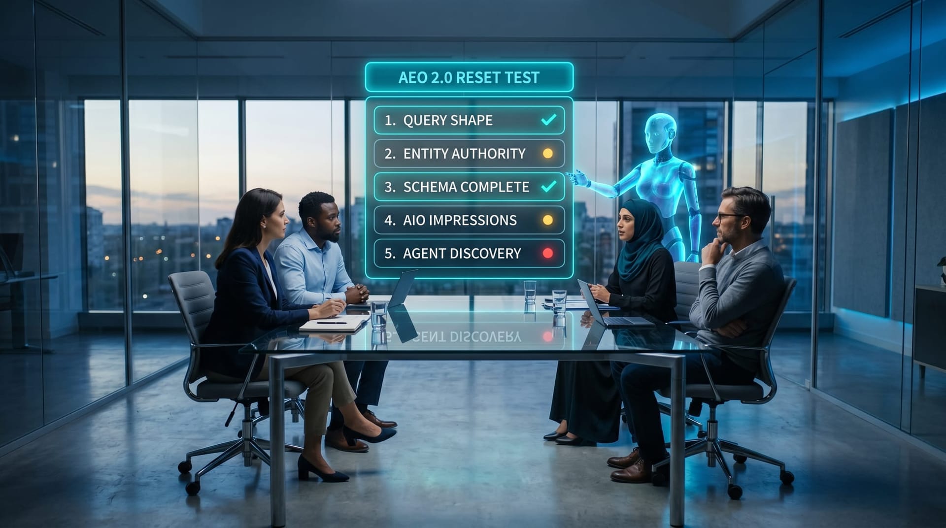 Marketing director scores a floating cyan holographic 5-question AEO 2.0 Reset Test against a brand entity panel as a translucent AI humanoid traces multi-clause conversational query patterns.