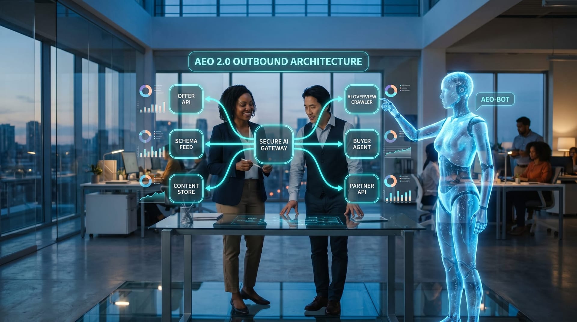 Floating cyan holographic architecture diagram showing a Secure AI Gateway hosting outbound structured-data and offer APIs consumed by AI Overview crawlers and downstream buyer agents.