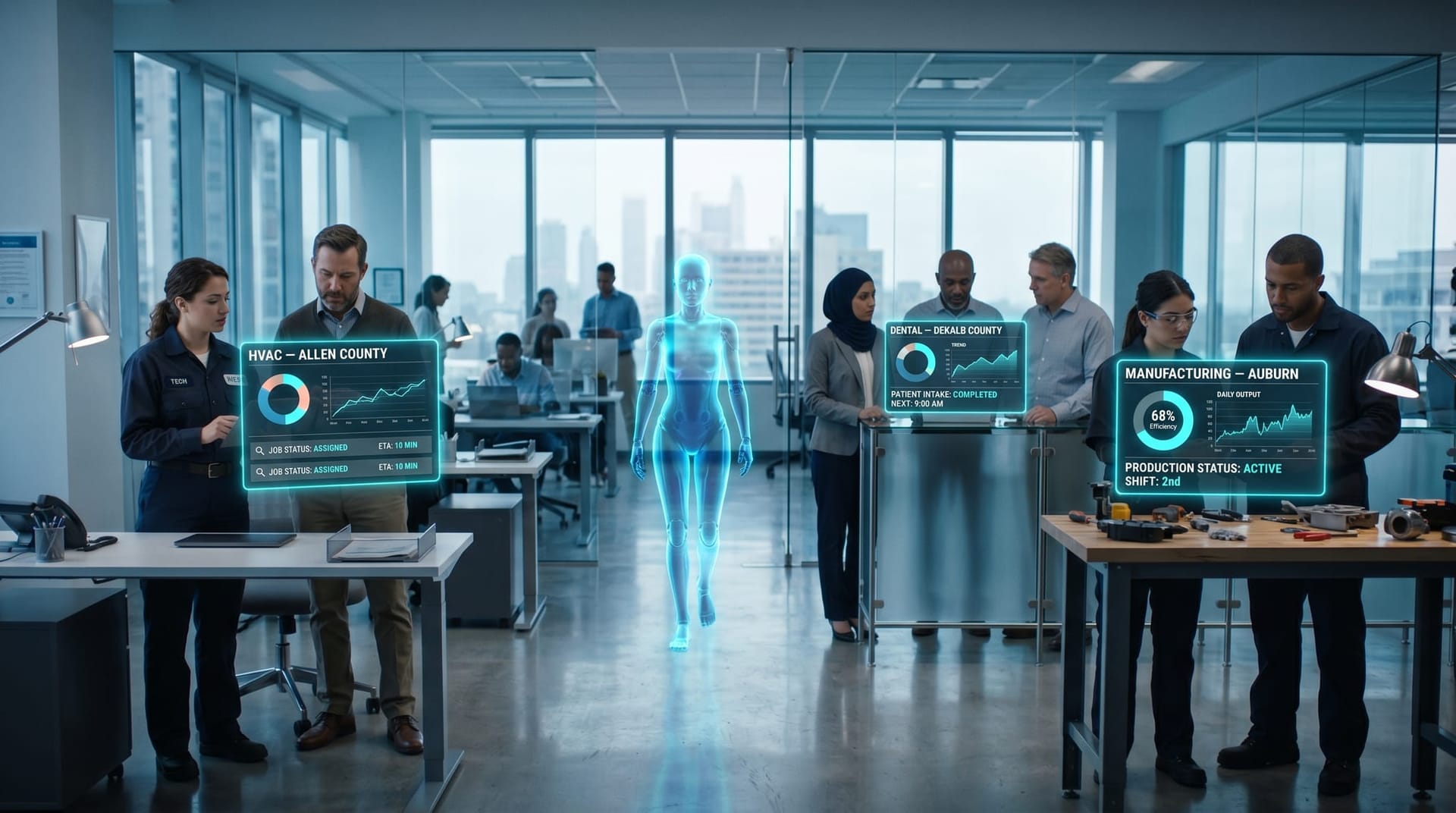 Three NE Indiana vertical clusters — Allen County HVAC, DeKalb County dental practice, Auburn manufacturer — each with floating cyan holographic AI Overview citation and agent-shopping panels.