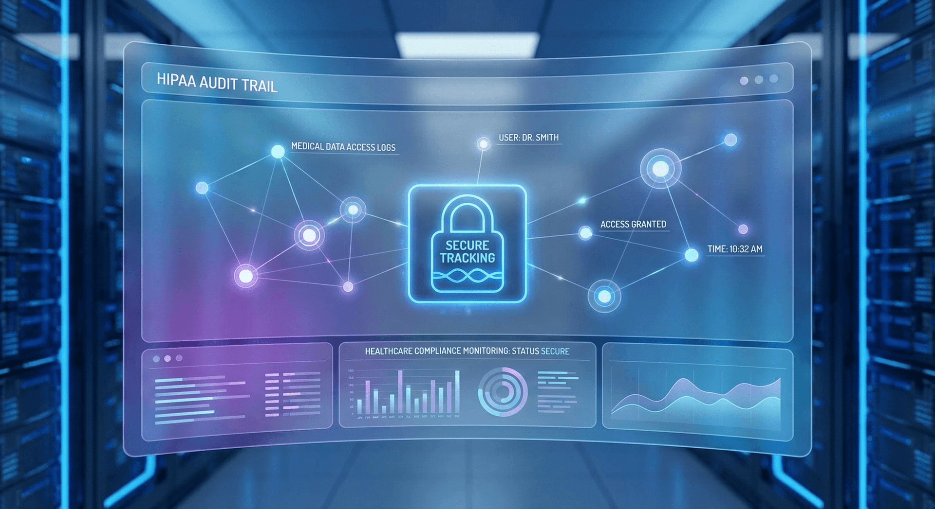 HIPAA-compliant AI Employee audit trail and logging dashboard showing tamper-evident access records, patient interaction timestamps, and compliance monitoring for healthcare practices