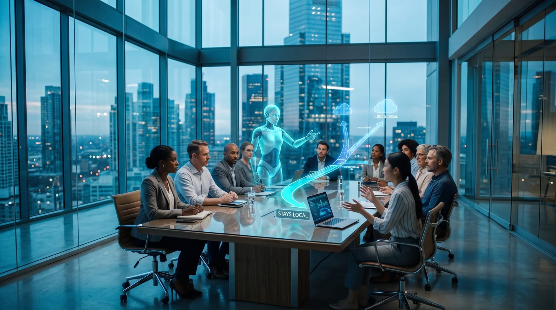 Business team watching a hybrid AI data-routing dashboard as a holographic AI employee keeps confidential client files on a local device in a glass office