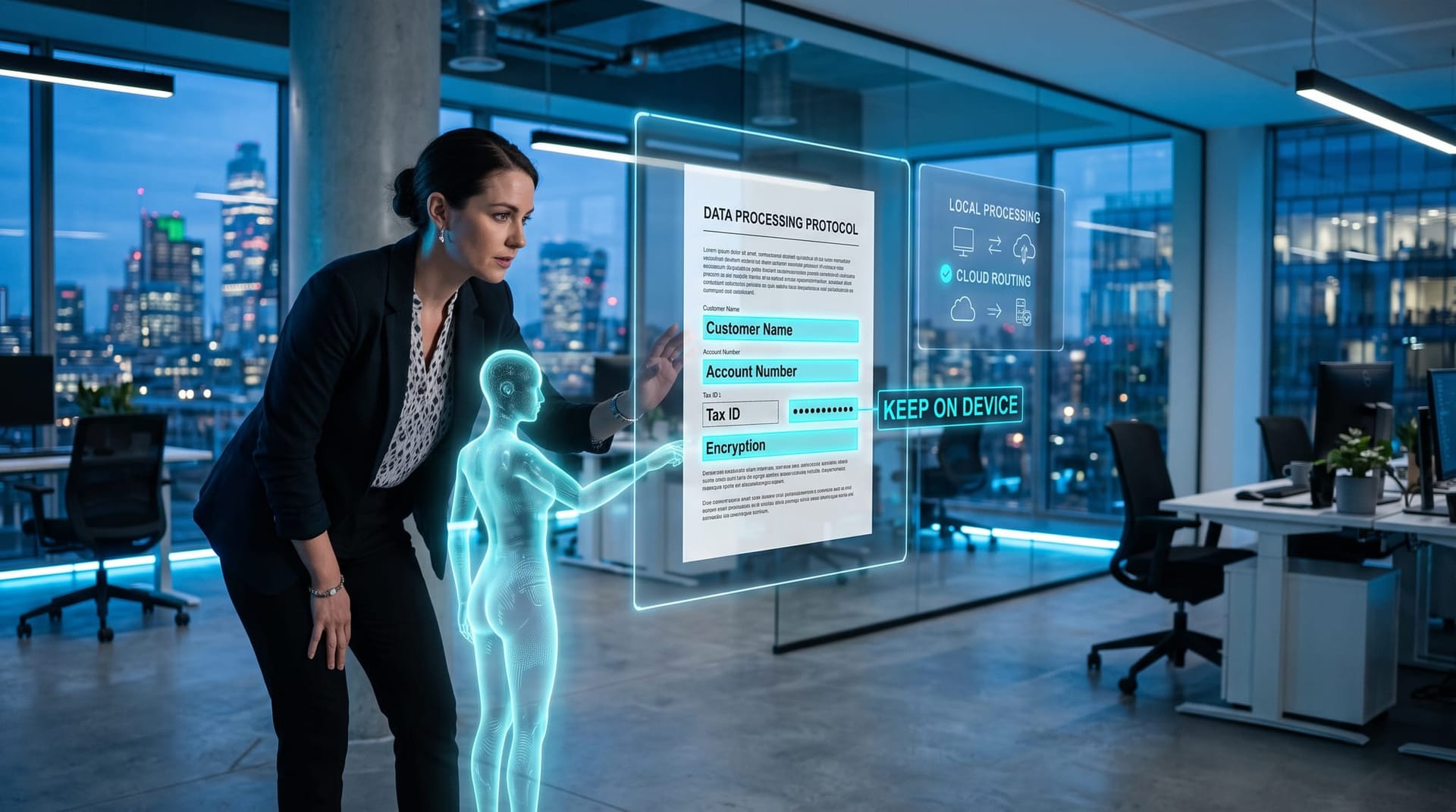 Colleague reviewing a holographic privacy classifier that flags sensitive fields to keep on device versus send to the cloud in a cool blue office