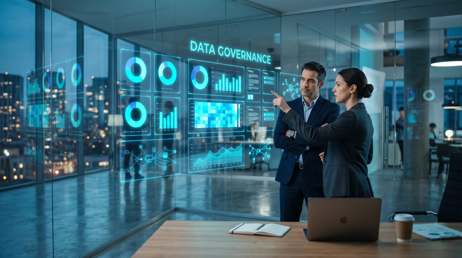 Team reviewing floating holographic compliance and privacy dashboards as buyer expectations shift toward keeping AI data off the cloud