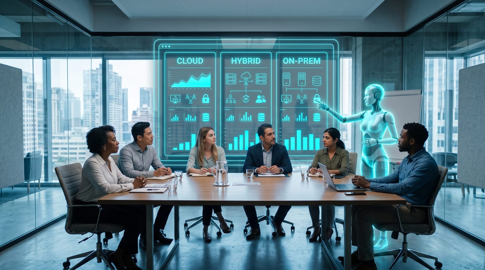 Holographic three-column comparison of cloud, hybrid, and air-gapped AI models glowing above a conference table as a team weighs the trade-offs