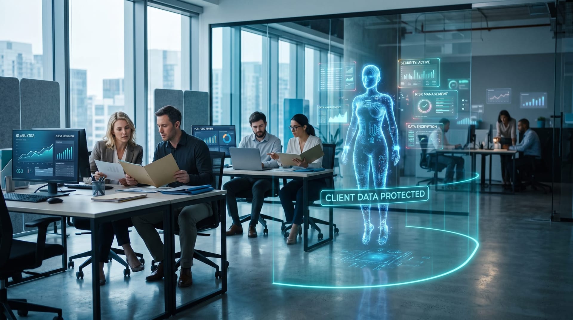 Professional services team in a Northeast Indiana office reviewing client files behind a glowing holographic confidentiality boundary in cyan