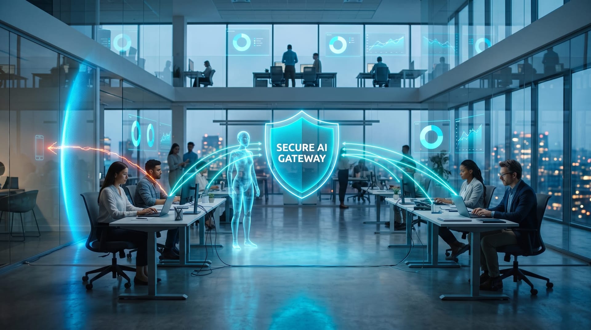 Holographic secure AI gateway shield governing employee AI requests and blocking a shadow path where a client file would leak, in a cool blue office