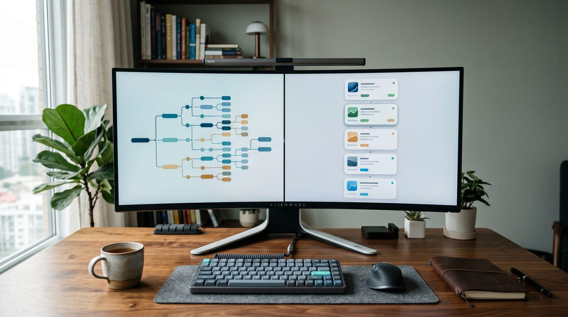 Professional services workspace with split-screen monitor showing multi-model routing flow on one side and a human approval queue on the other side