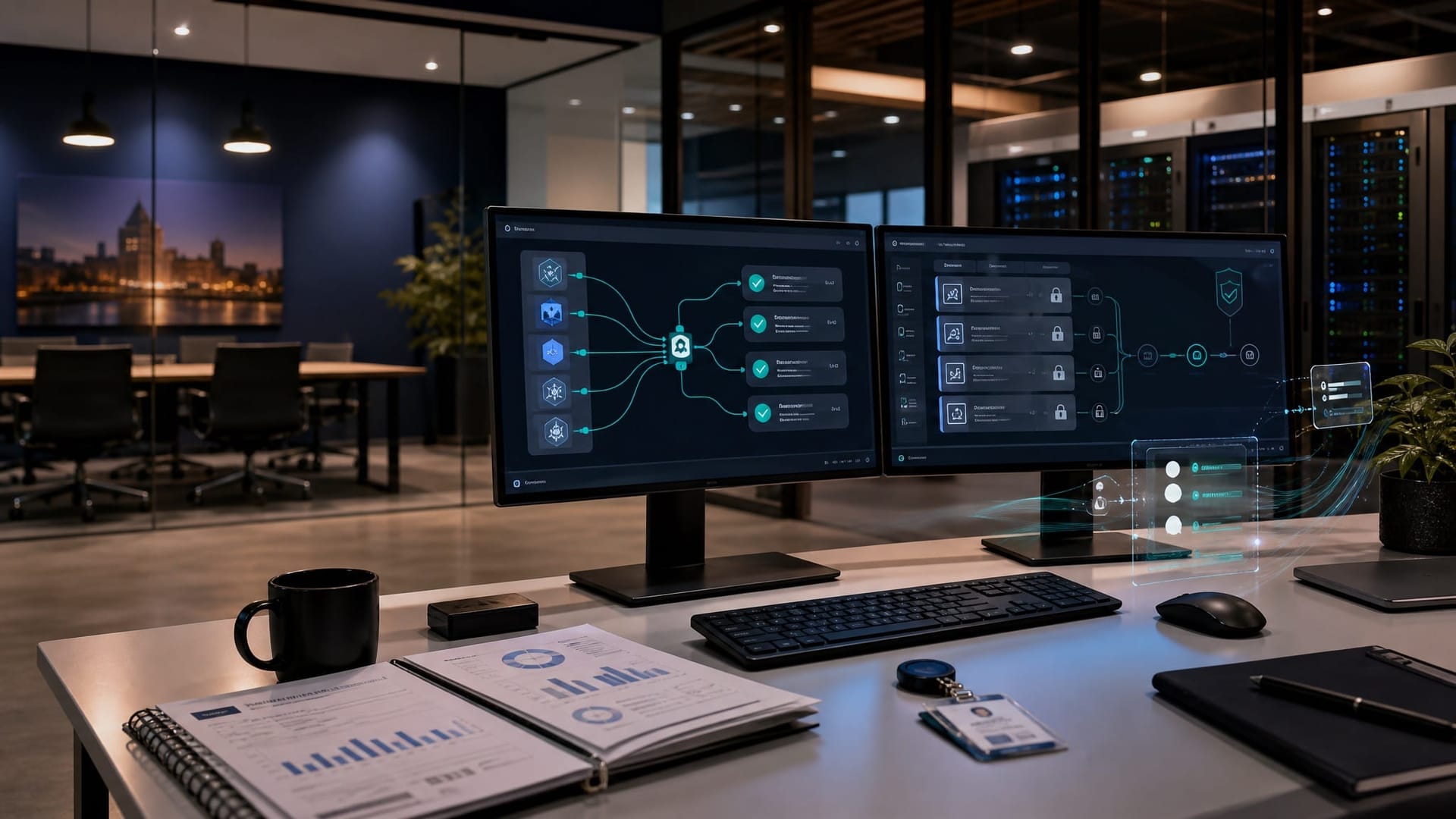 Professional services workspace with split-screen monitor showing multi-model routing flow on one side and a human approval queue on the other side