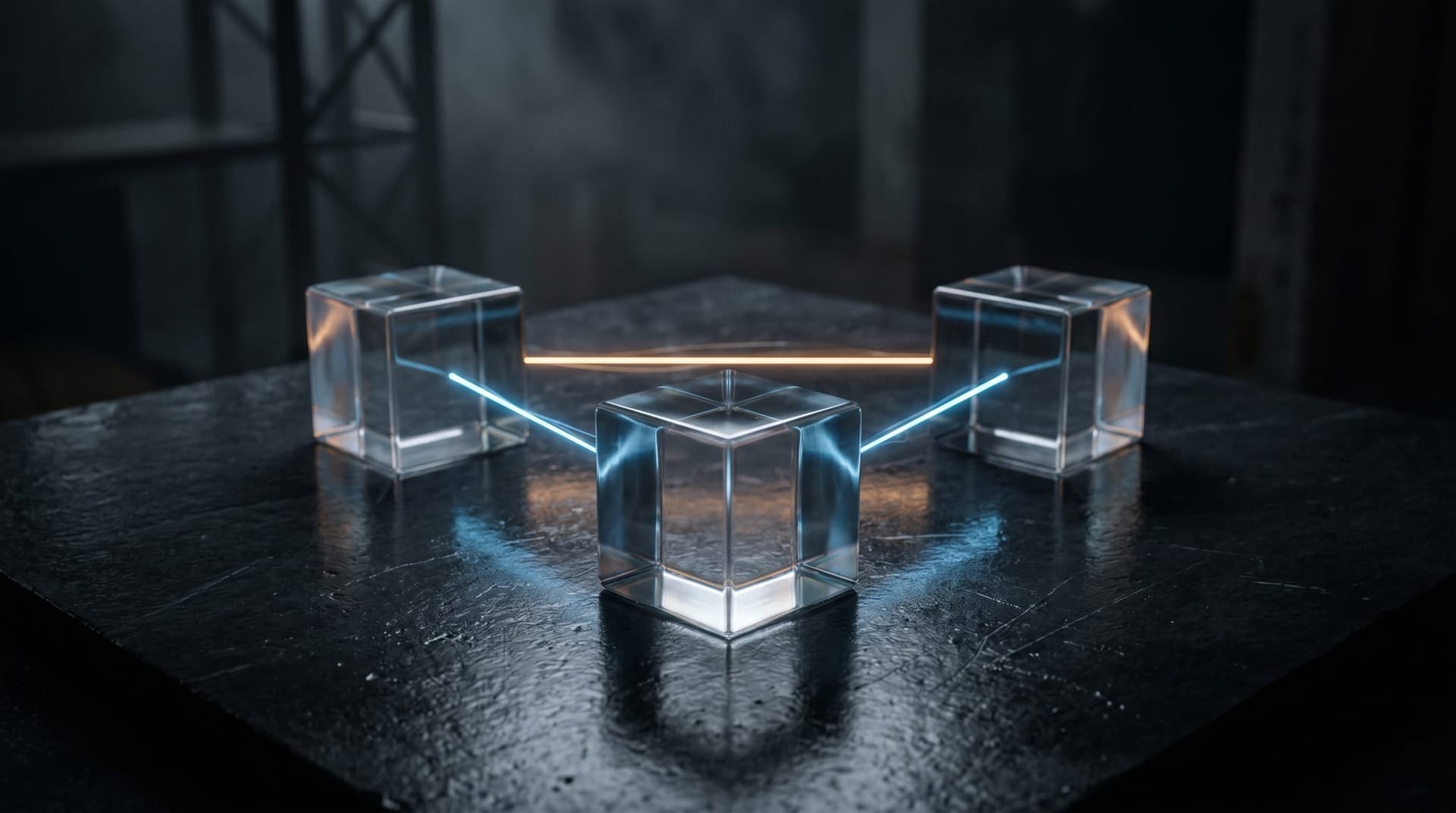 Conceptual still life of three glass nodes connected by light filaments representing multi-model routing across providers in a production workflow