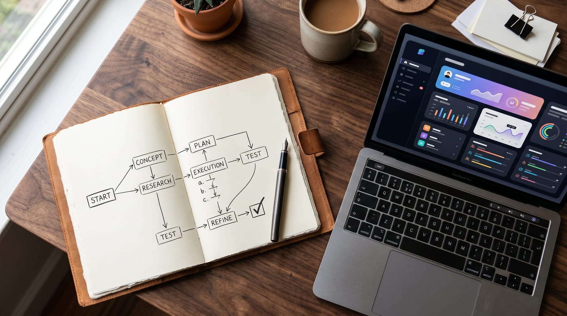 Workspace overhead view of a notebook showing a hand-drawn approval gate diagram beside a fountain pen and an open laptop in soft daylight