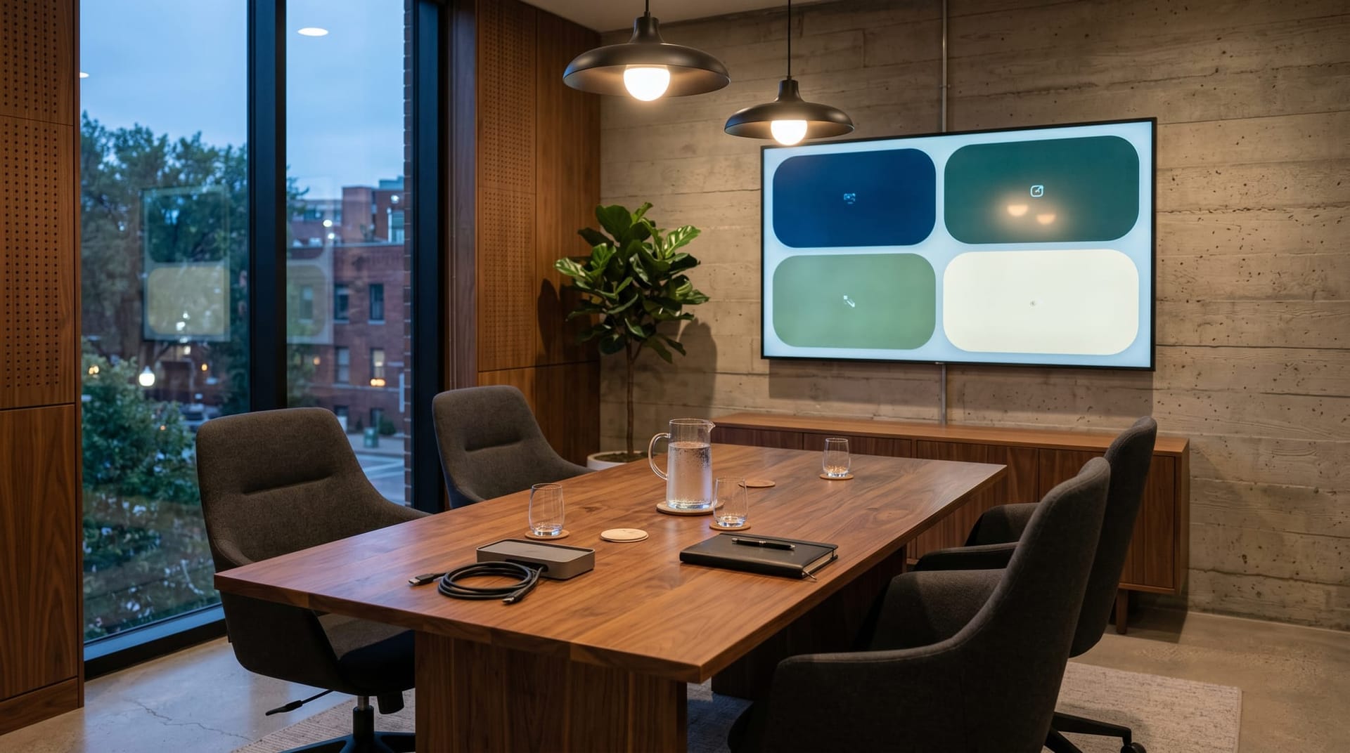 Mid-market business conference room with empty chairs and a wall display showing four vendor evaluation criteria in soft blue and amber