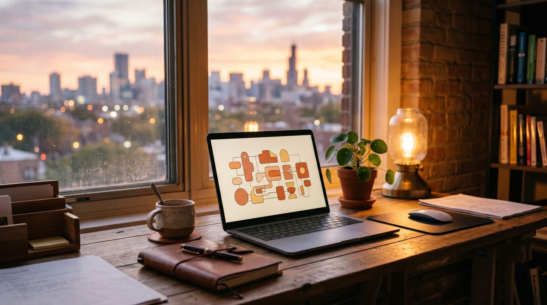 Northeast Indiana office desk near a window at golden hour with laptop showing production-ready AI workflow architecture and a coffee cup