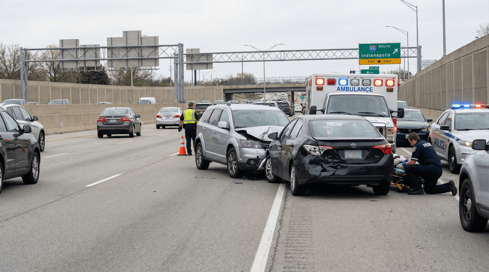 Emergency responders at Indianapolis car accident scene — after-hours crashes like these generate leads that PI firms without an AI Employee lose to voicemail