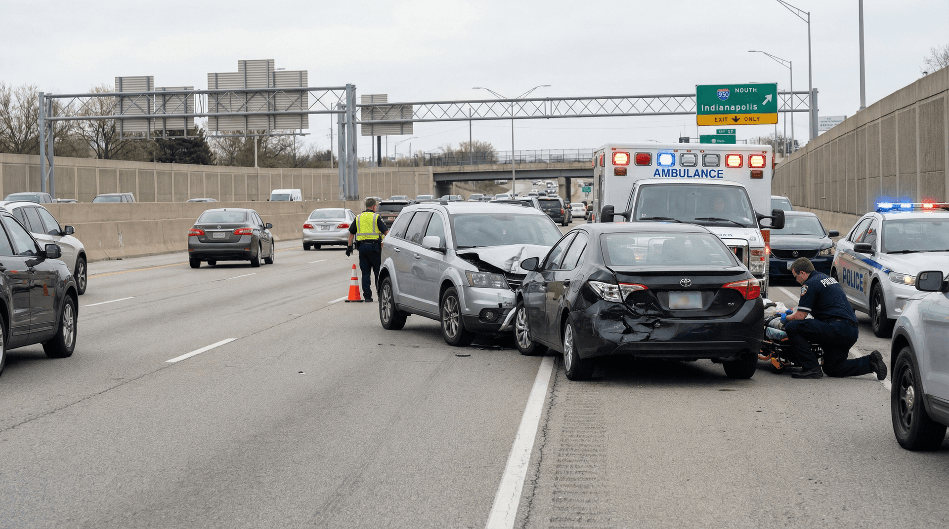 Emergency responders at Indianapolis car accident scene — after-hours crashes like these generate leads that PI firms without an AI Employee lose to voicemail