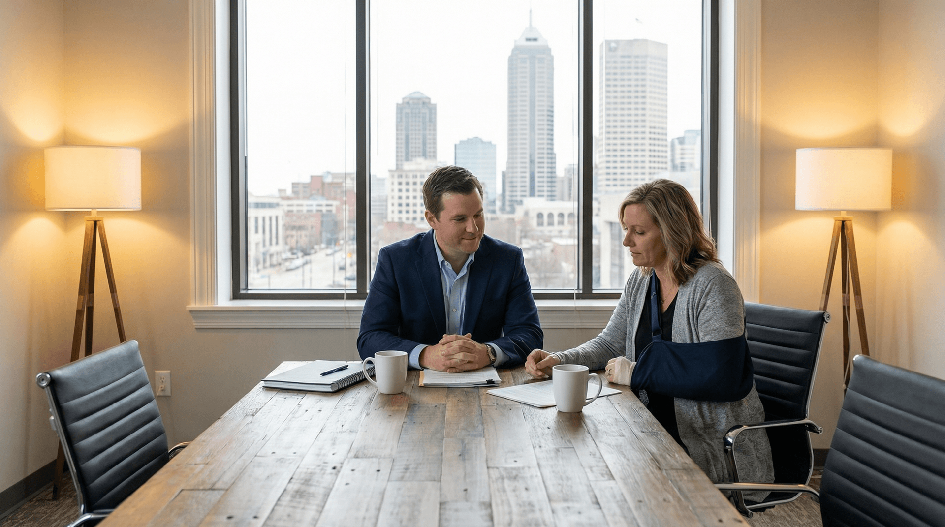 Indianapolis personal injury attorney consulting with client — AI Employee handles intake so attorneys focus on case strategy